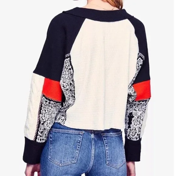 Free People Black and Cream Crop Top with Red Accents - Picture 2 of 7